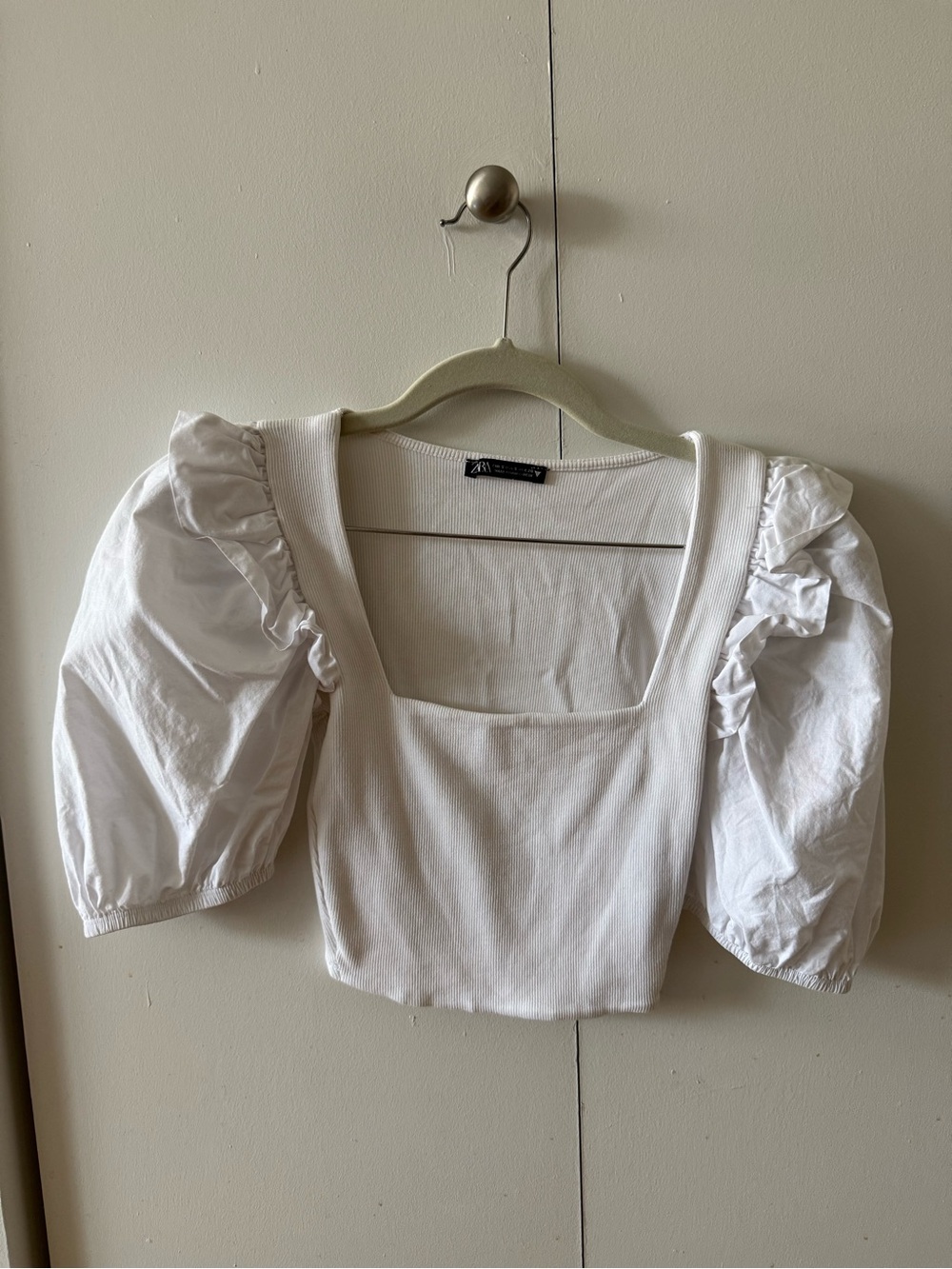 Zara Square Neck Puff Sleeve Crop Top in White - S